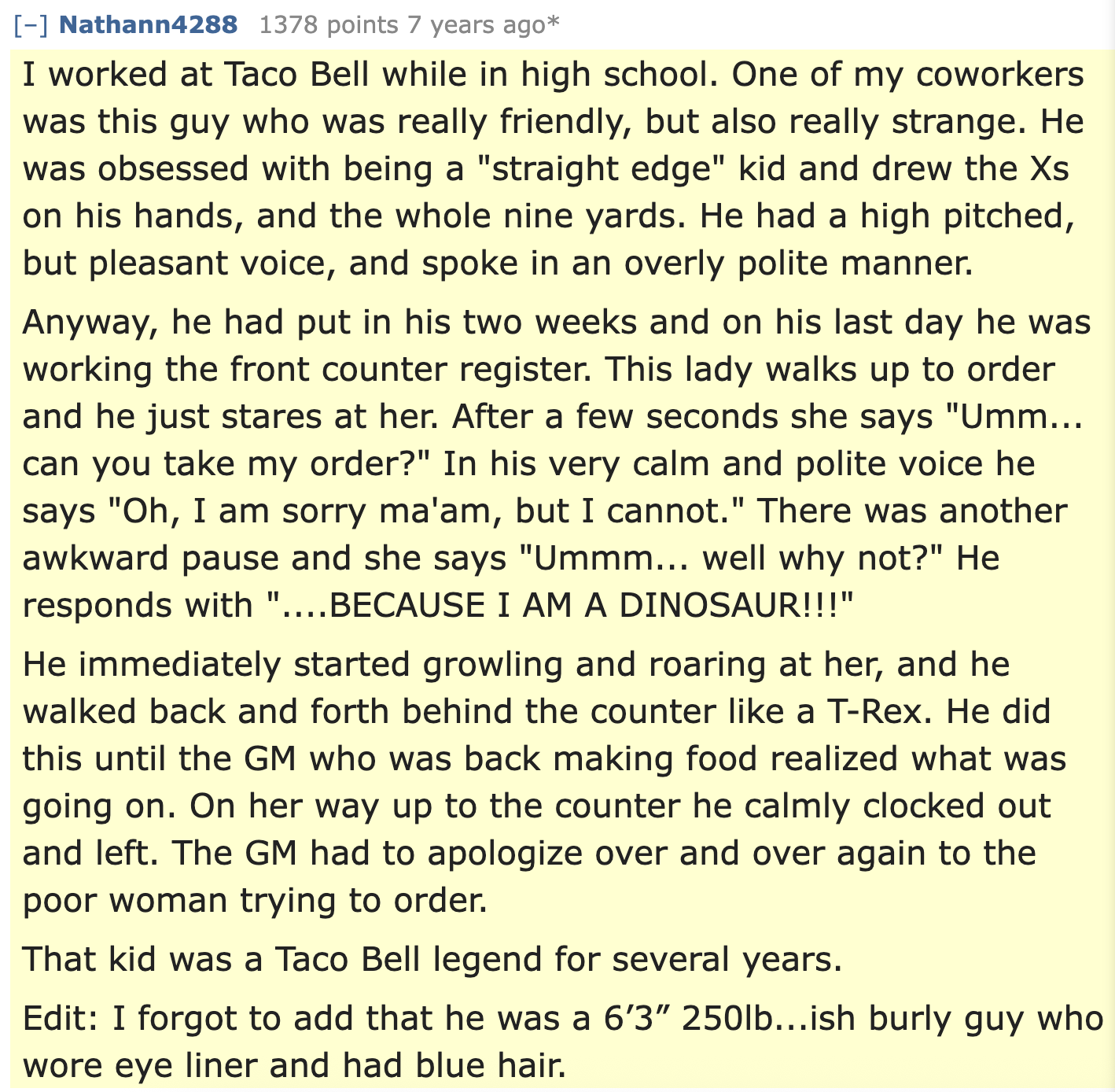 Taco Bell Employee Quits In a Blaze of Glory: 'I'm a Dinosaur' 